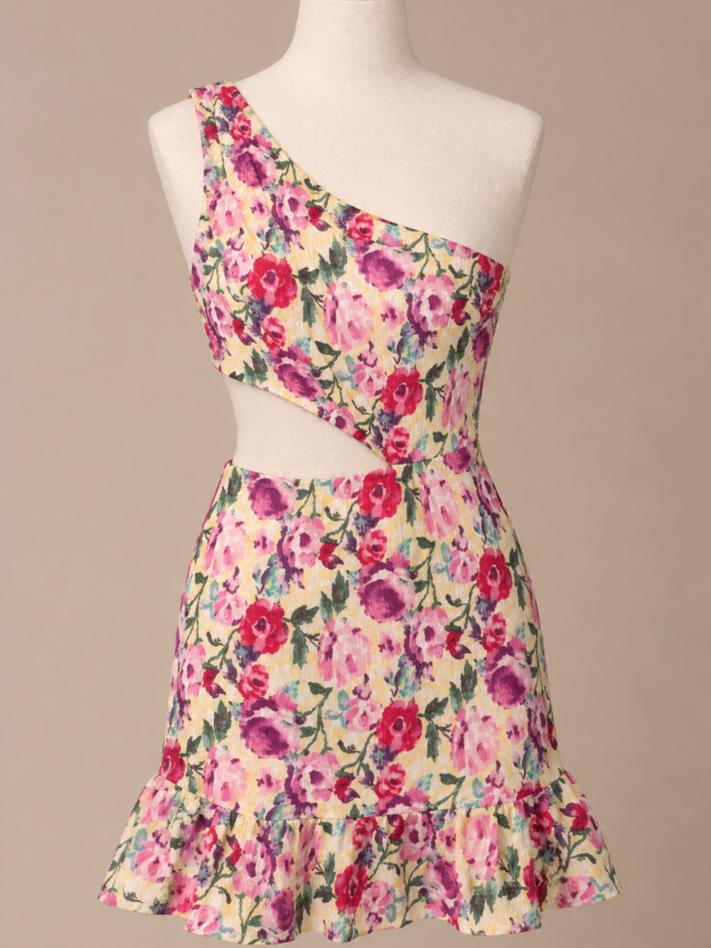 Lulus Floral One Shoulder Cutout Mini Dress – Size Small